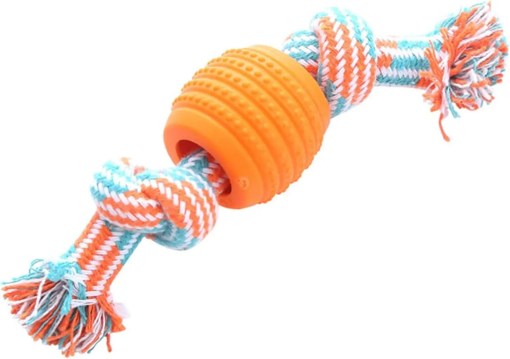 Blue dog chew toy with molar-shaped rubber section and dental cleaning rope strands