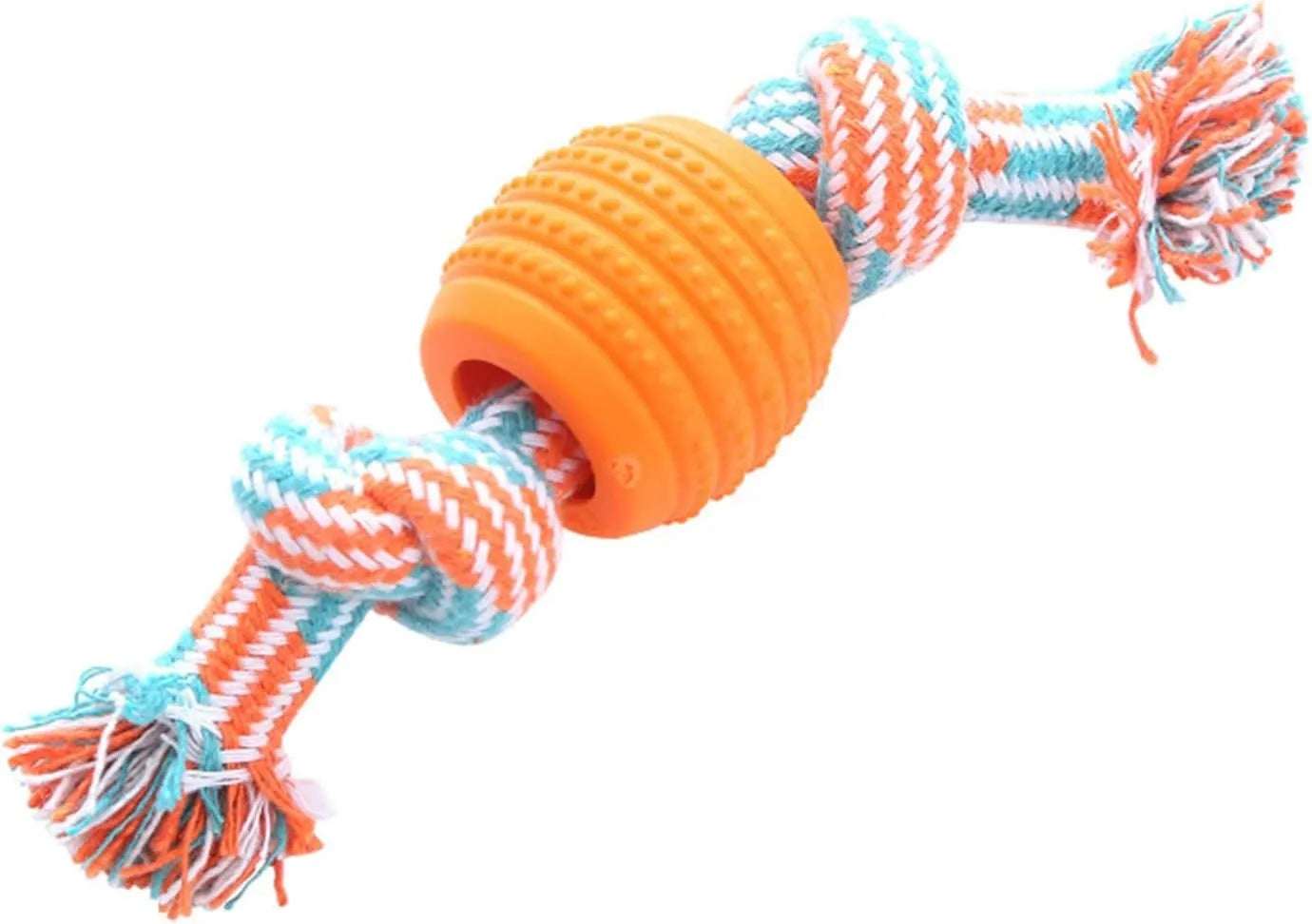 Blue dog chew toy with molar-shaped rubber section and dental cleaning rope strands