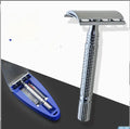 Traditional double-edged safety razor with stainless steel head, Japanese and American blades in storage box