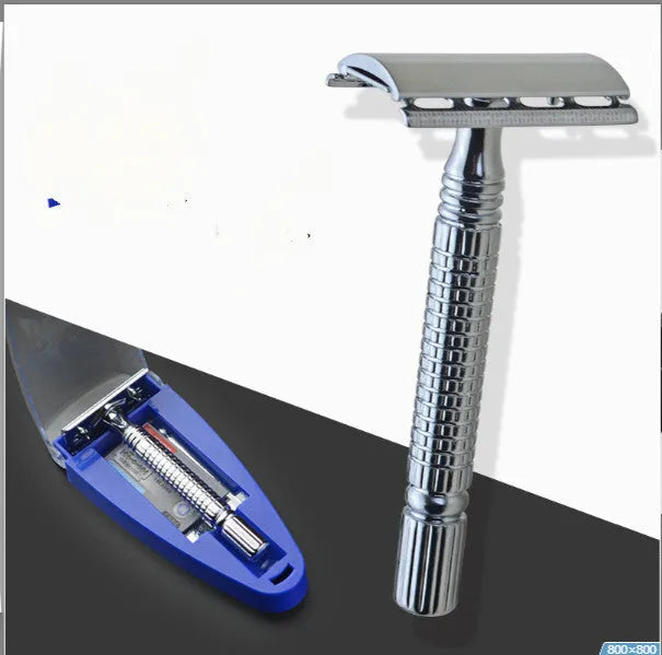 Traditional double-edged safety razor with stainless steel head, Japanese and American blades in storage box
