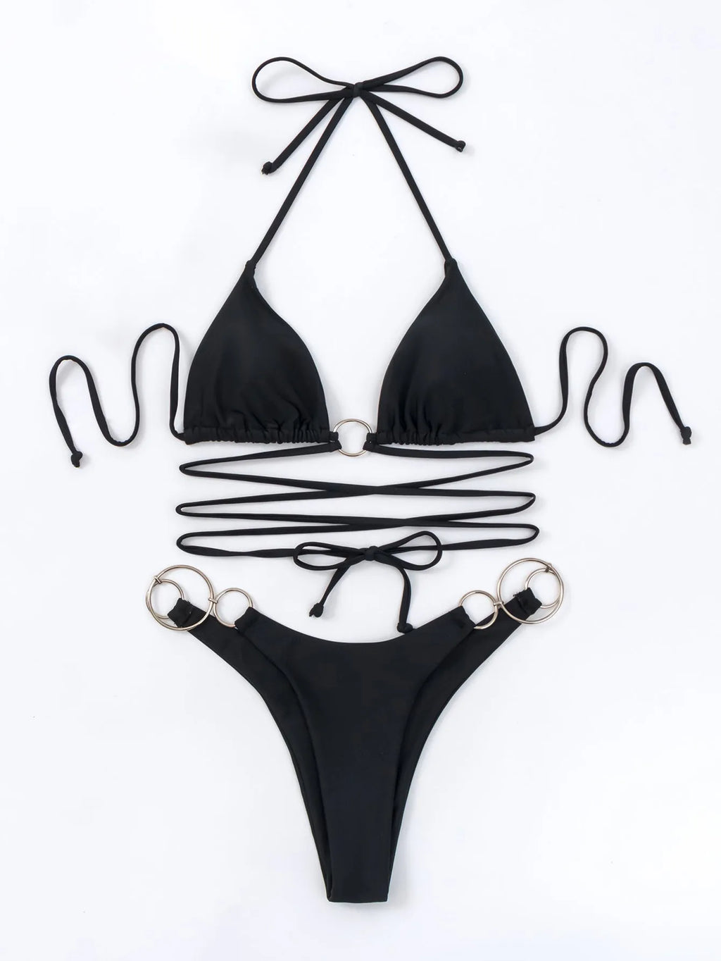 Black women's bikini set with metal ring details and long connecting straps, backless top and split bottom.