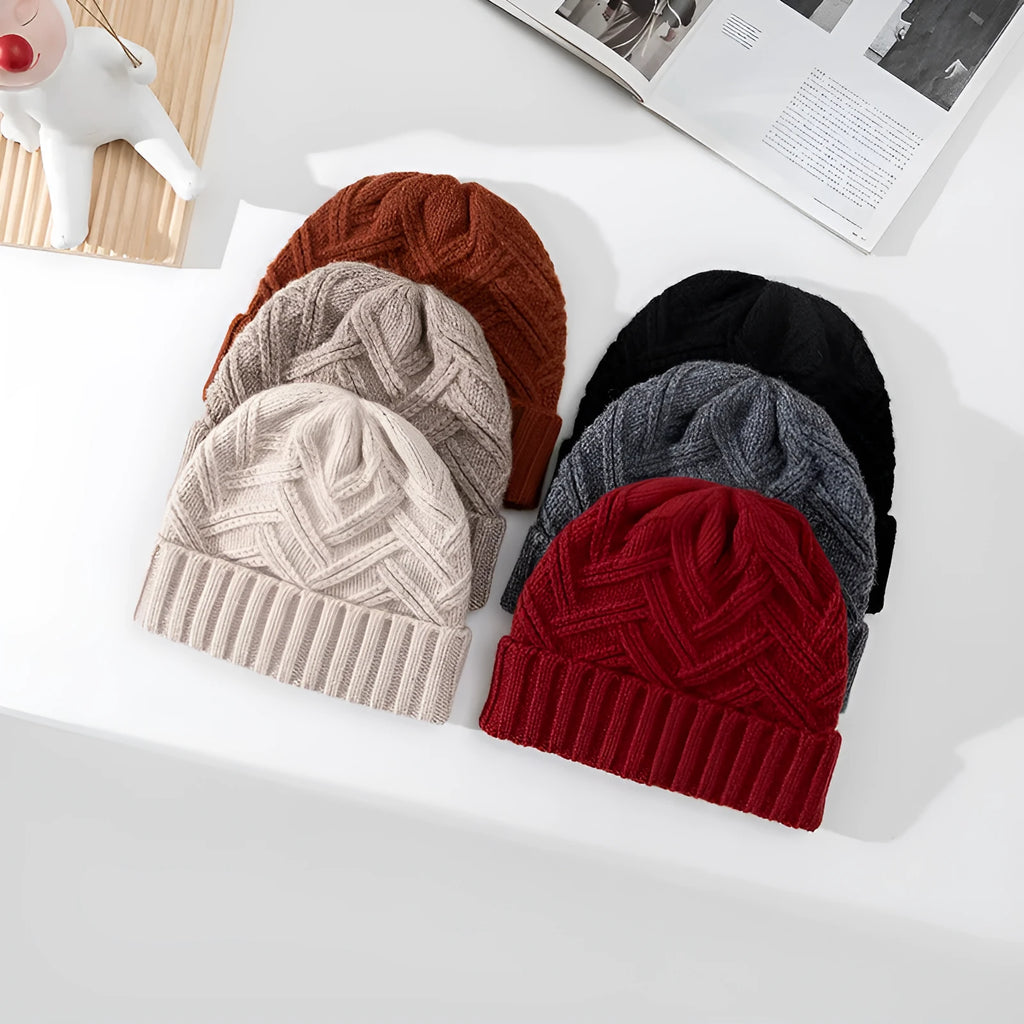 Wool knitted winter hat with dome crown and totem pattern in multiple colour options