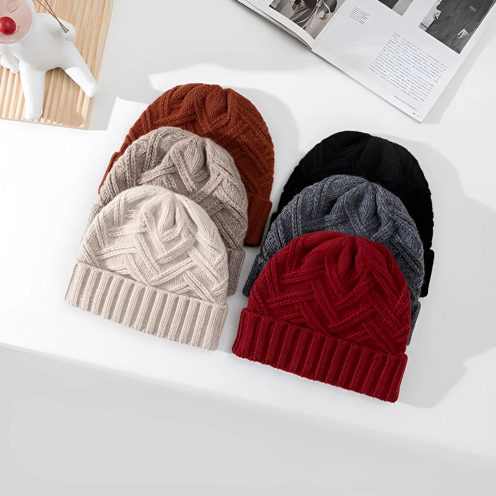 Wool knitted winter hat with dome crown and totem pattern in multiple colour options