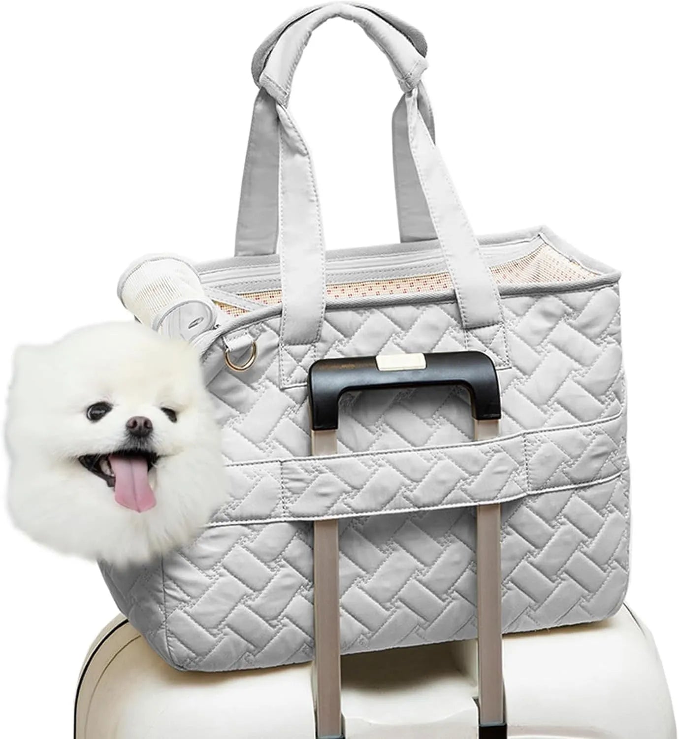 Grey pet carrier bag with mesh panels and handbag design for cats or small dogs