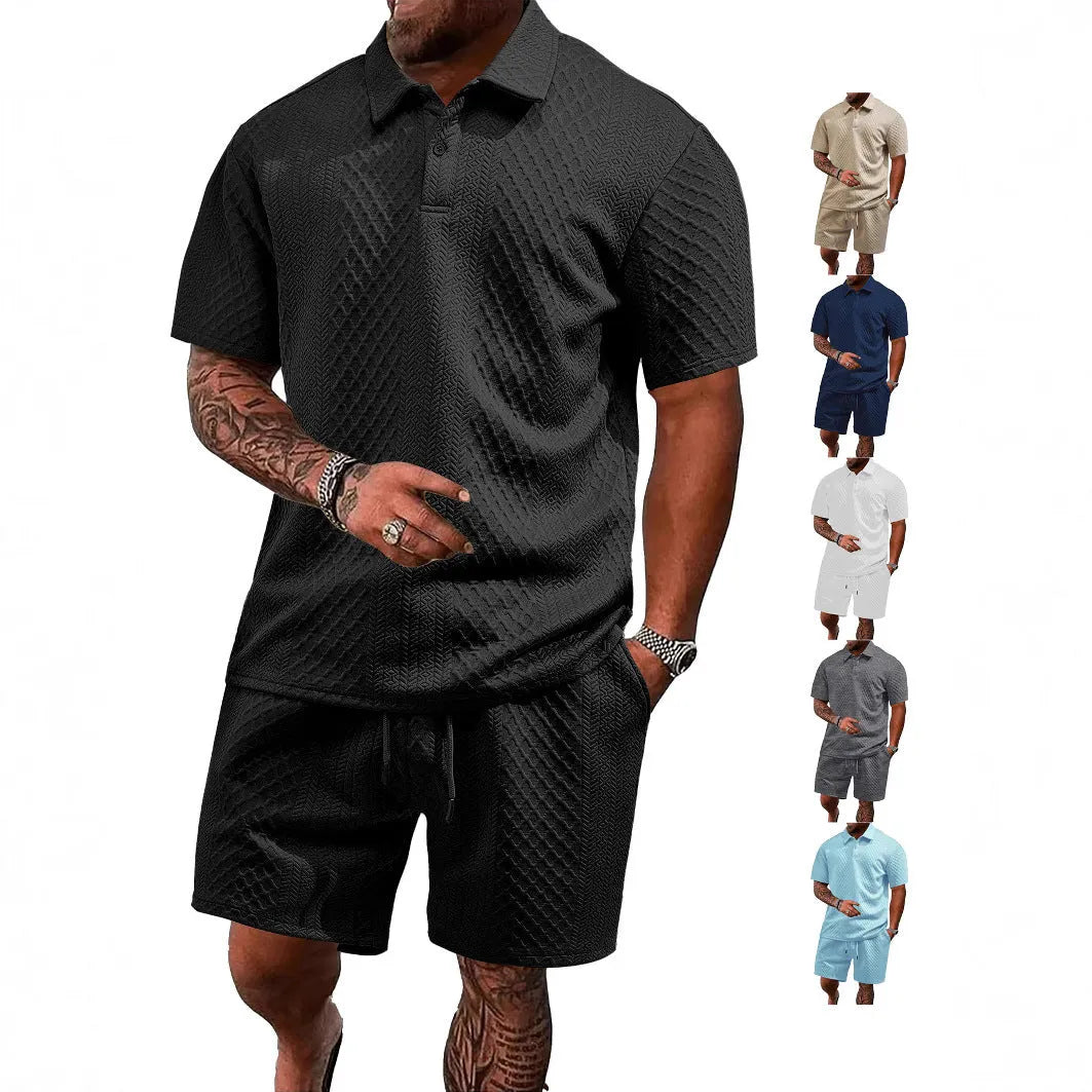 Men's figured cloth short sleeve casual suit with polo top and matching trousers in multiple colour options