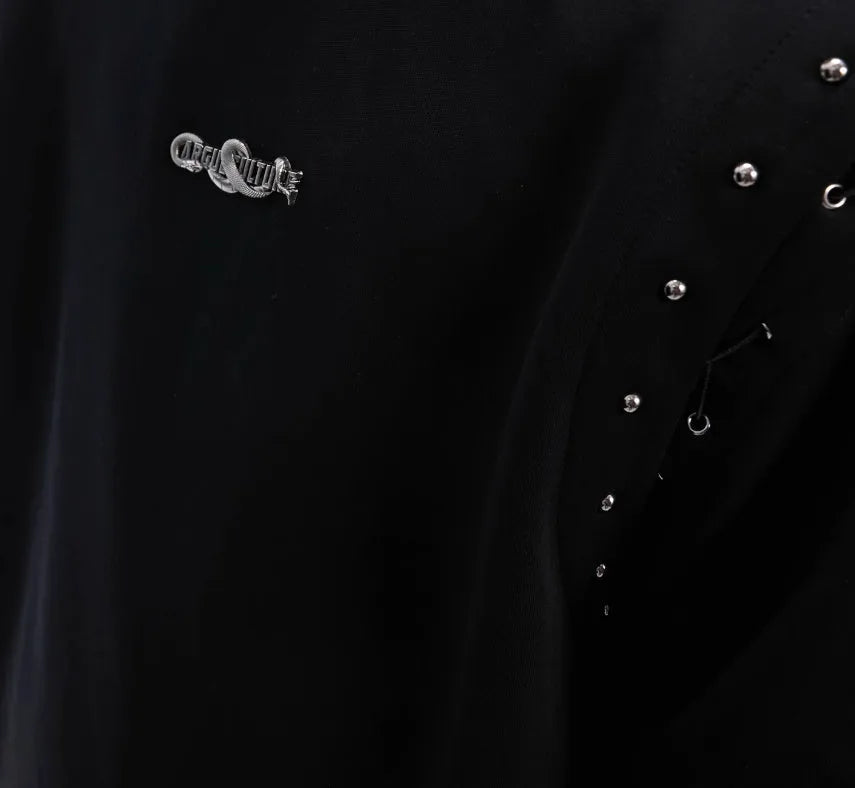 Black deconstructed lace-up cutout short sleeve t-shirt on a hanger