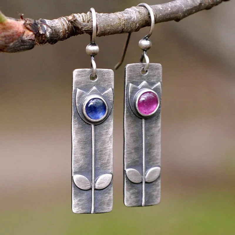 Antique finish red sapphire geometric drop earrings with ellipse pendant retro design