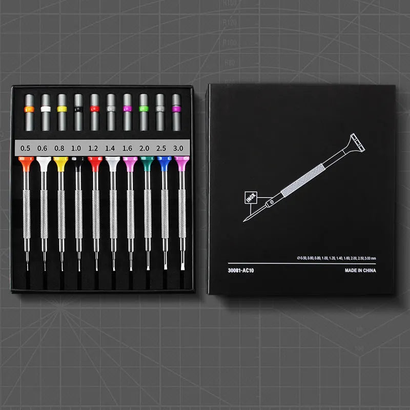 Boxed set of 10 manual screwdrivers and 20 spare bits for watch and glasses repair.