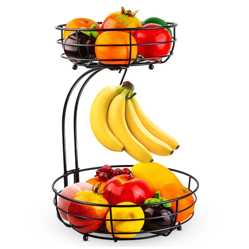 Black and gold double-layer wrought iron storage basket for fruits and vegetables