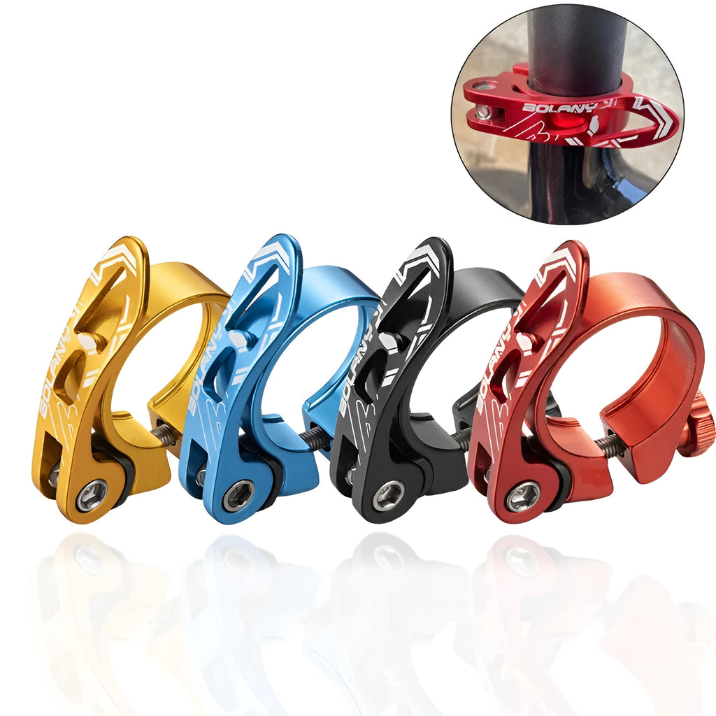 Aluminium alloy mountain bicycle seat post clamp in black, blue, gold, or red colour with 31.8mm or 34.9mm size options