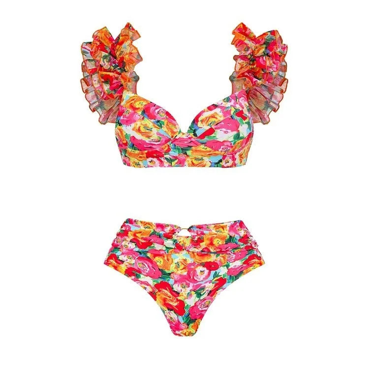Floral pattern women's push up bikini with high waist design and split styling