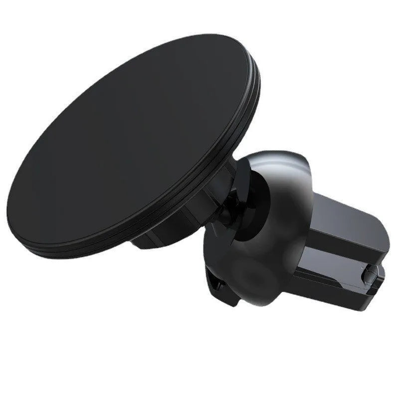 Black aluminium alloy magnetic suction car air vent mobile phone holder mounted on a central control vent.