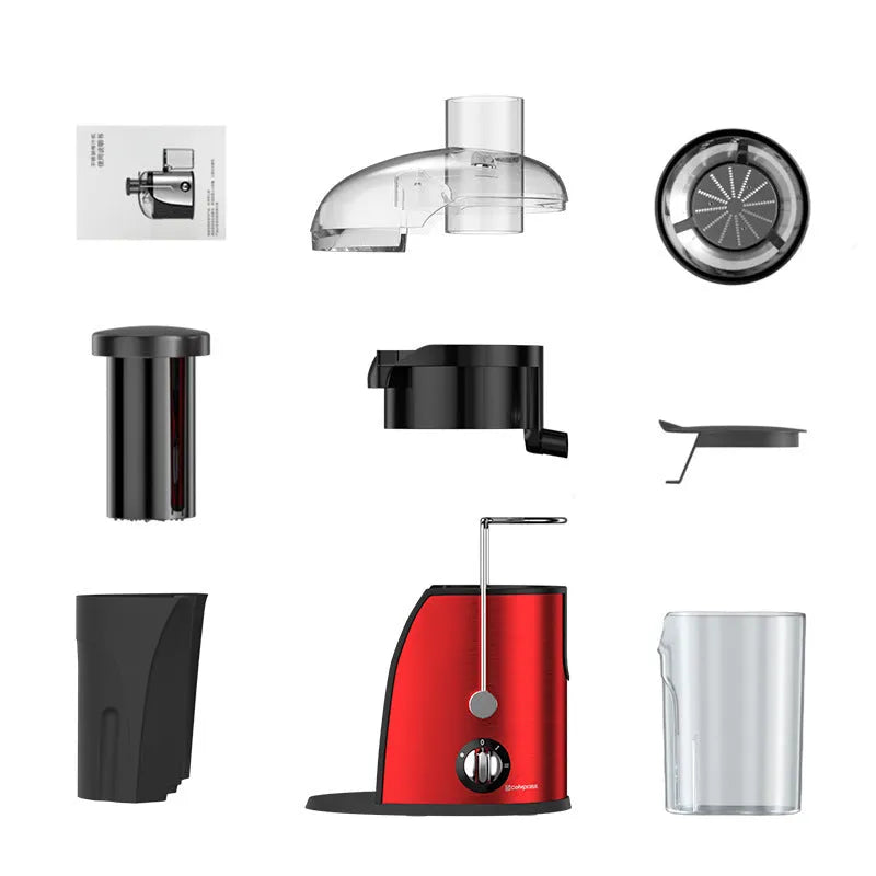 Red multifunctional home juice extractor with stainless steel liner and body, 400ml capacity, 201-500W power.