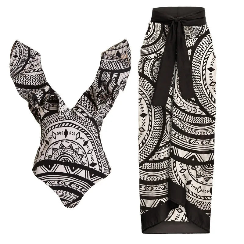 Vintage printed deep V ruffled one-piece swimsuit for women with matching wrap skirt