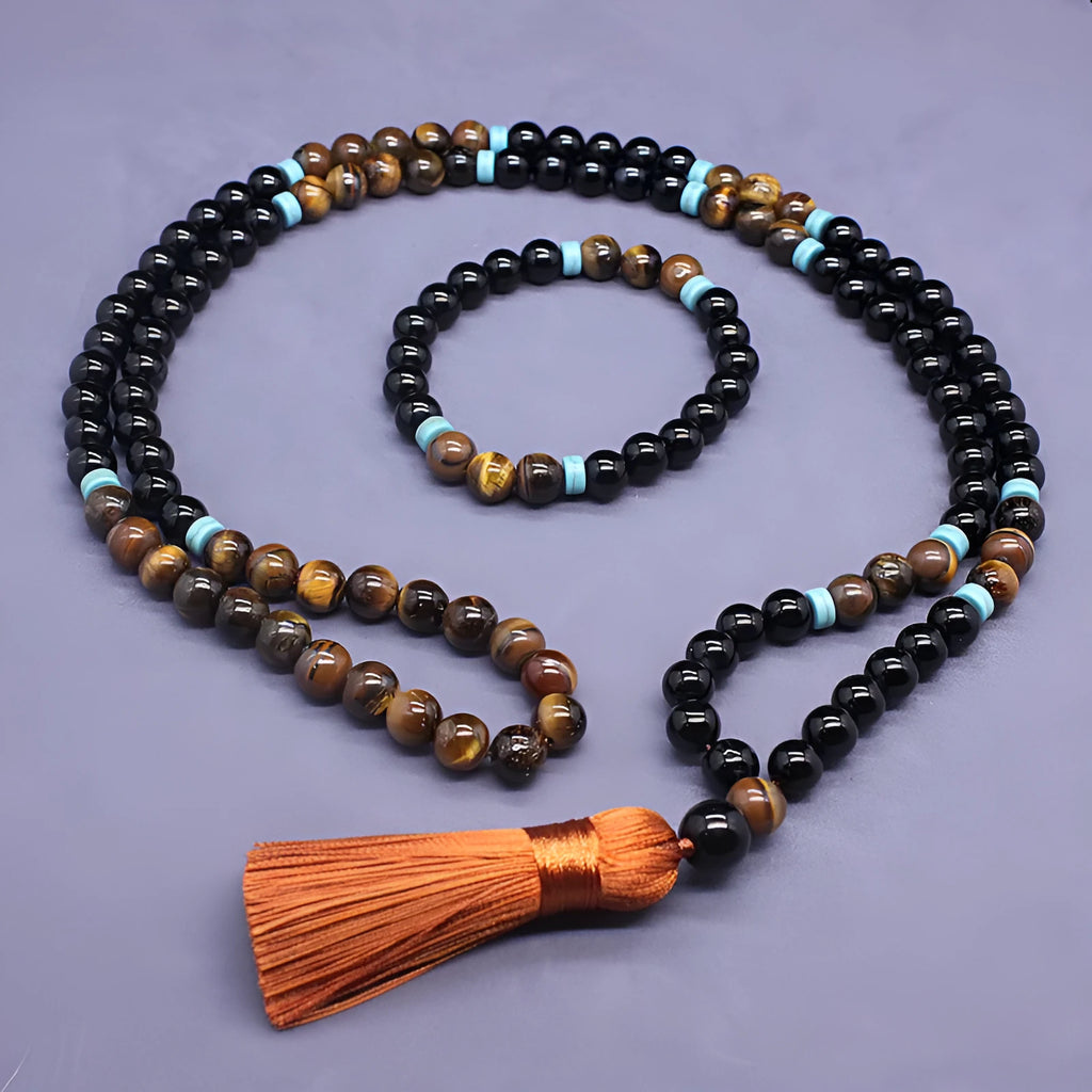 Natural agate and tiger's eye geometric bead jewellery set with necklace and bracelet