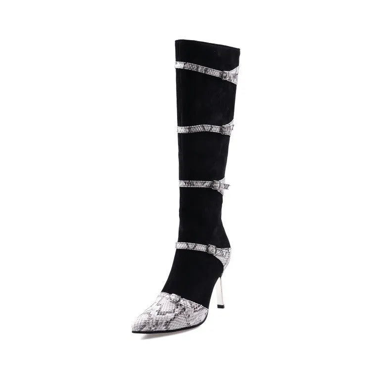 Grey and black women's knee high boots with a thin high heel and velvet lining.