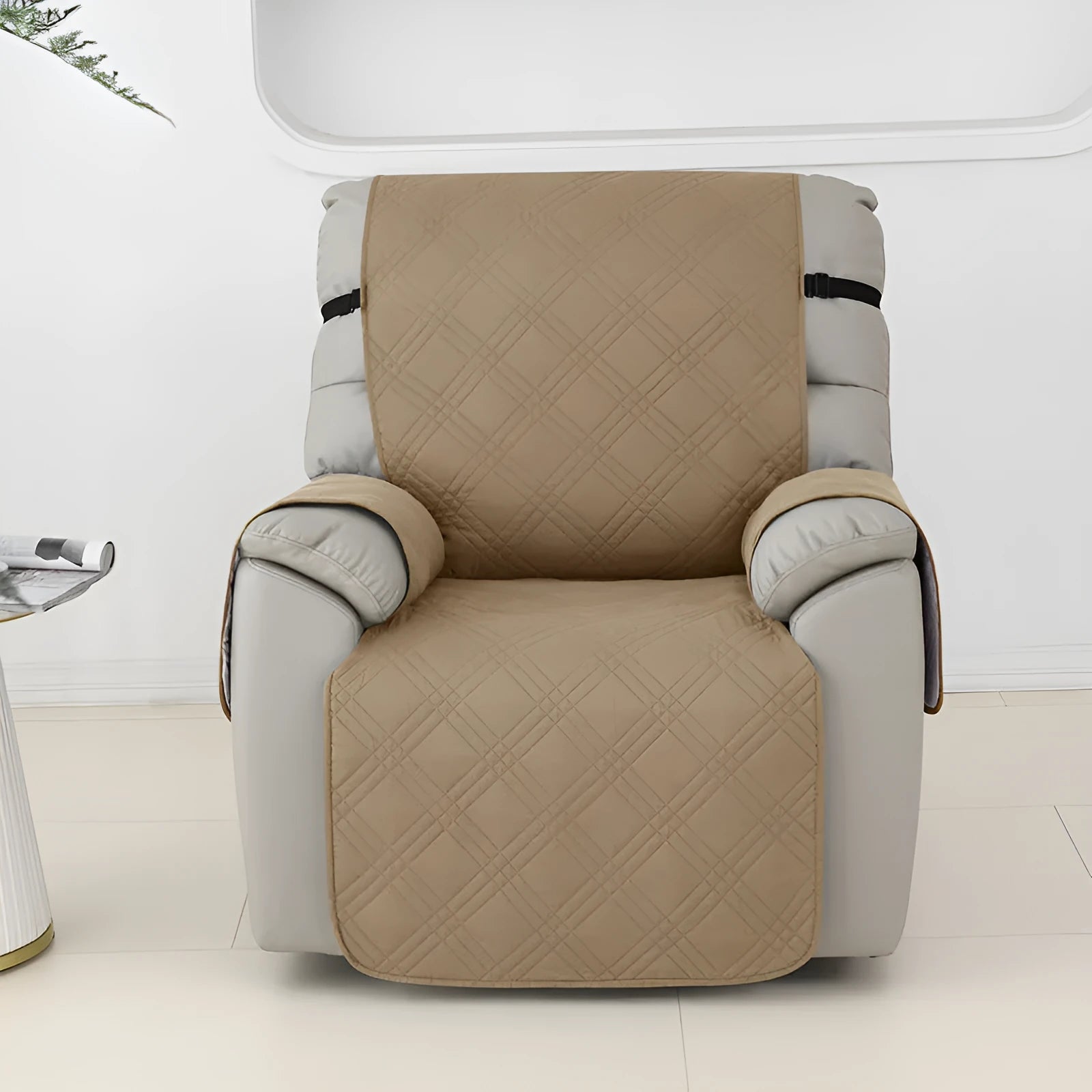 Quilted waterproof sofa cover for a Chivas massage chair in a navy blue colour.