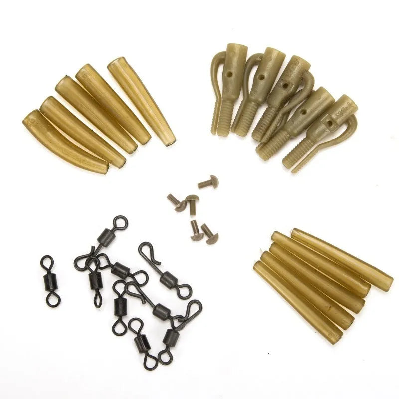30-piece carp fishing accessory set with anti-winding pipes and threaded components