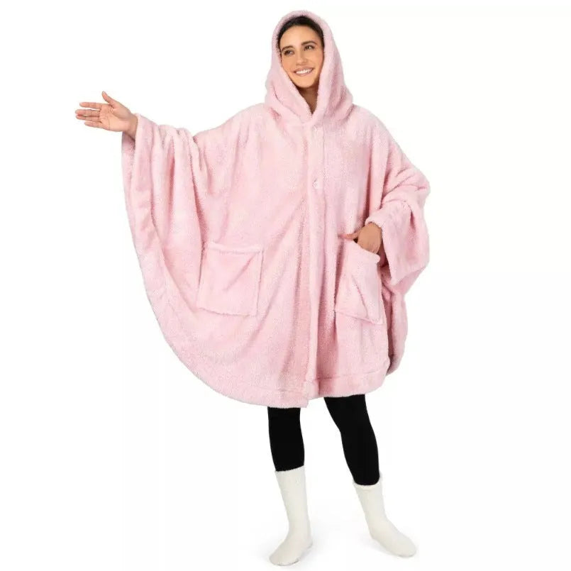 A thick black hooded bathrobe cardigan with long sleeves, shown hanging.