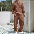 Men's casual shirt trousers set in polyester fabric showing lake blue, khaki, black, and caramel colour options