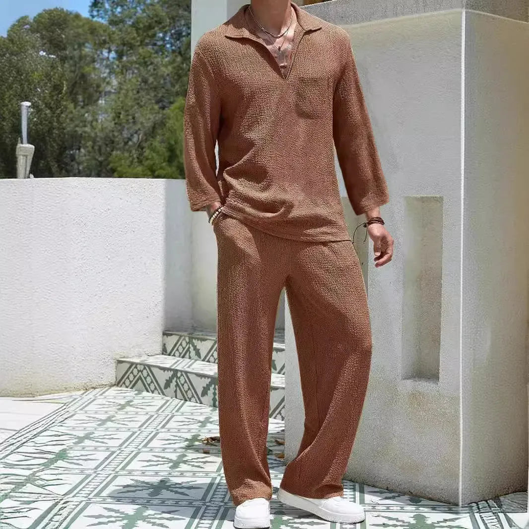 Men's casual shirt trousers set in polyester fabric showing lake blue, khaki, black, and caramel colour options