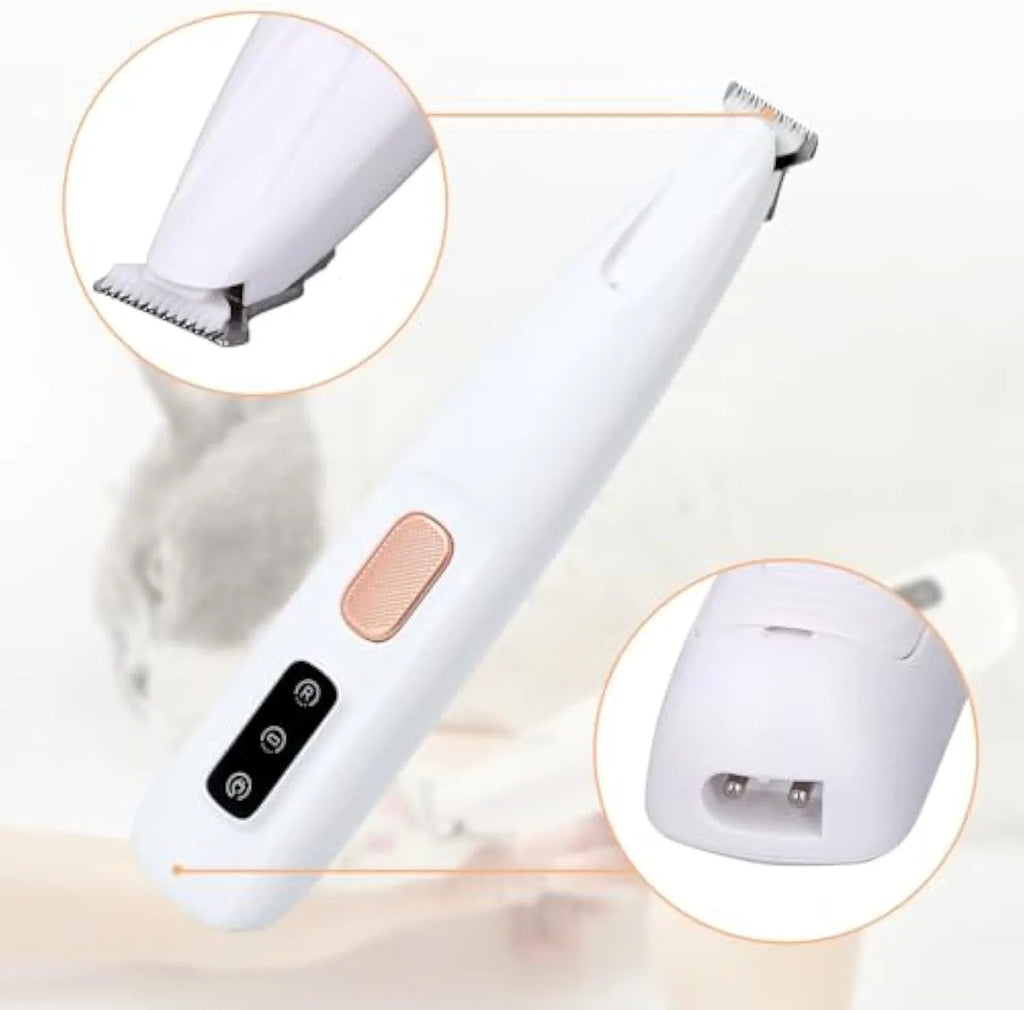 White rechargeable electric dog paw trimmer with LED light for pet grooming