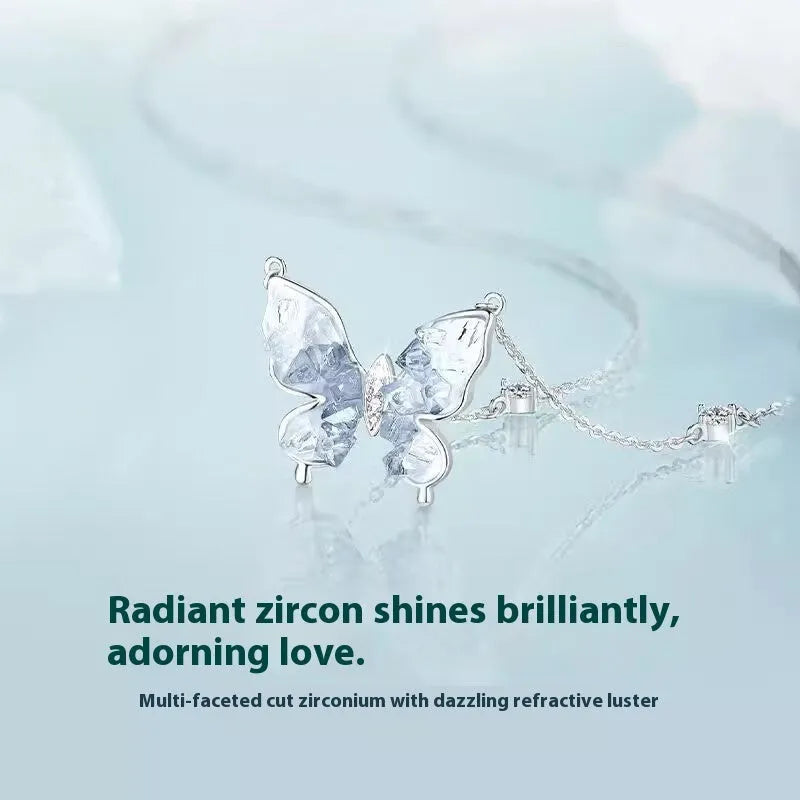 Bingyu butterfly necklace in 925 silver with ice rain pendant on adjustable O-ring chain