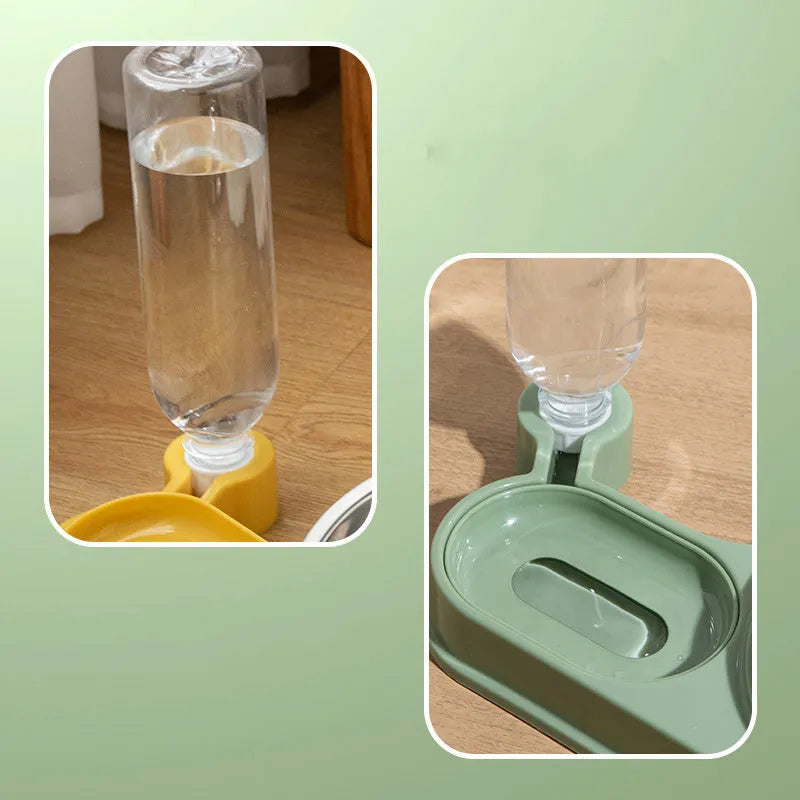 Raised cat food bowl with automatic water dispenser in brown colour