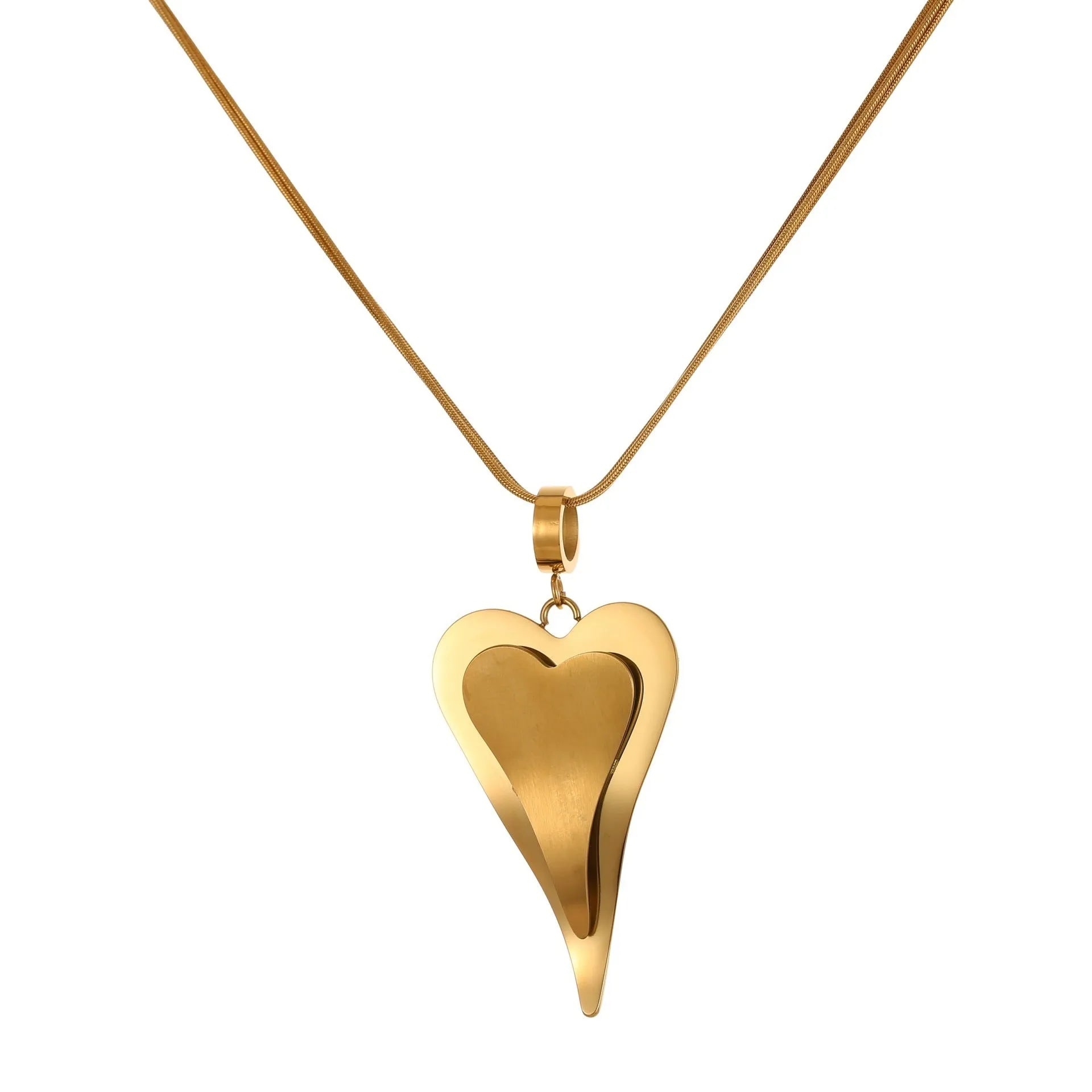 Double heart snake bones geometric necklace in gold and steel stainless steel finishes