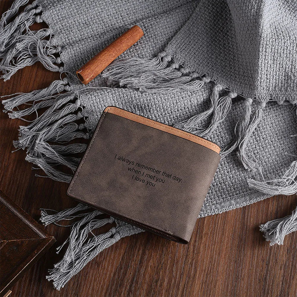 Coffee-coloured engraved horizontal short wallet showing personalised photo engraving and seven card slots
