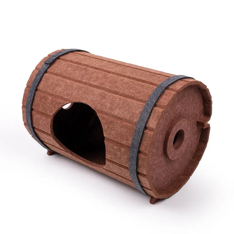 Assembled wine barrel pet bed made from three polyester fibre felt pieces for cats