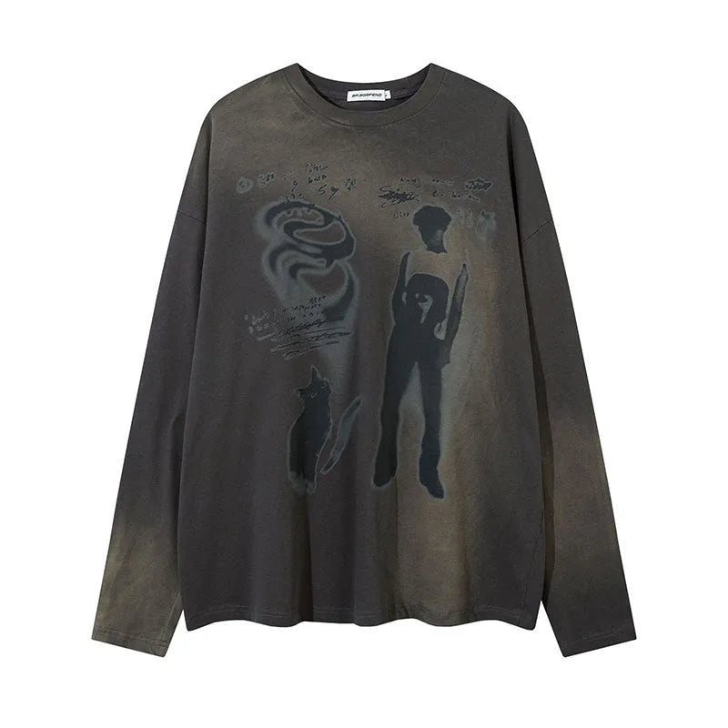 Women's loose cotton pullover top with drop-shoulder sleeves in dark grey or pink with letter print