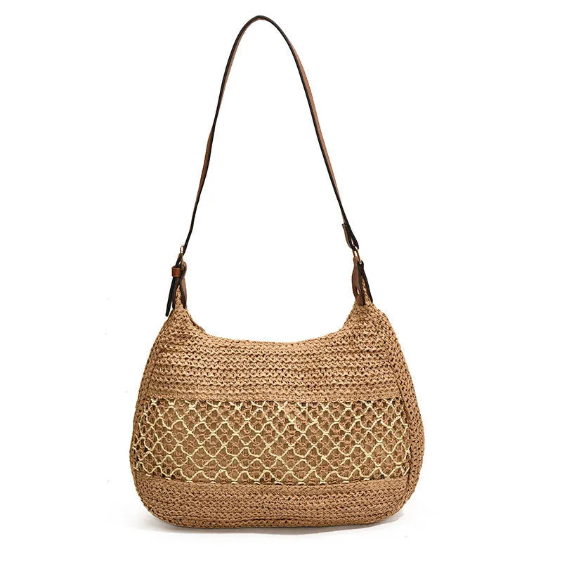 Women's straw crossbody bag in horizontal square shape with sandwich pocket, khaki colour option