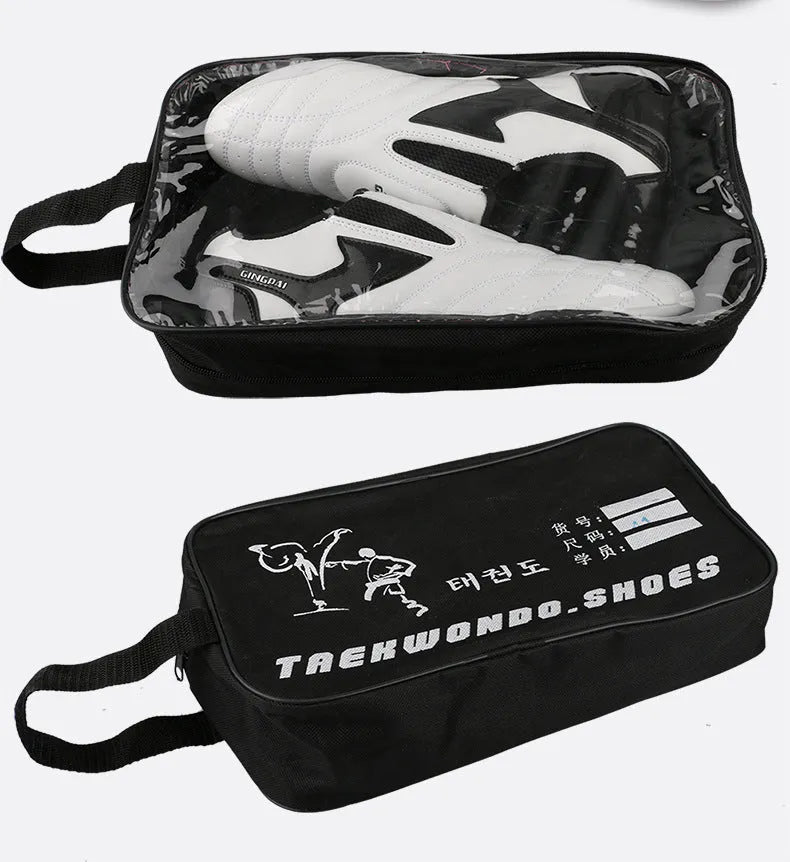 Black and white children's martial arts training shoes with soft bottom and widened design