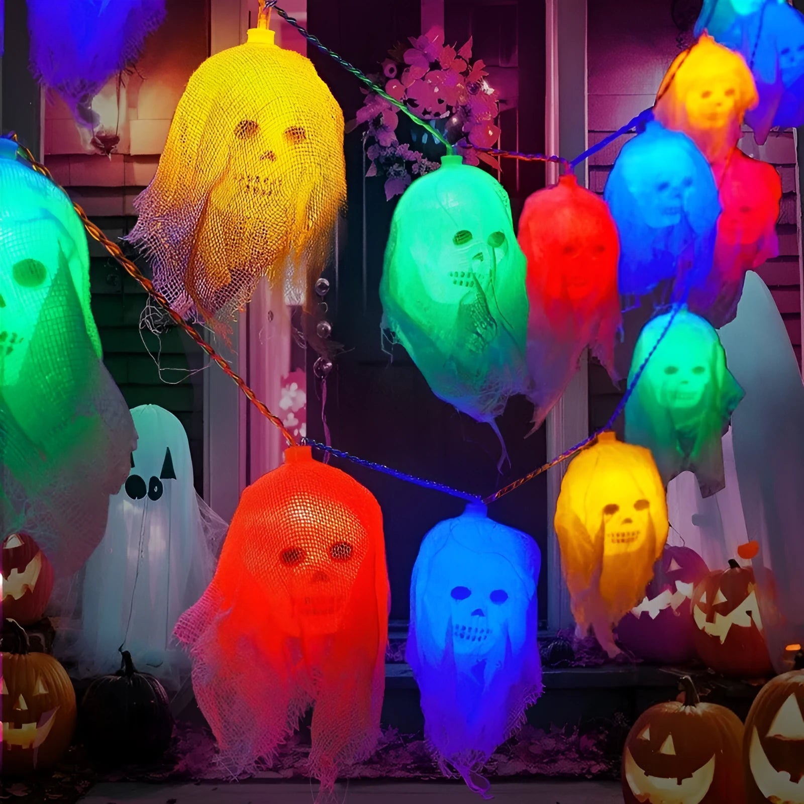 Halloween coloured LED fairy lights with battery box for indoor wall decoration.