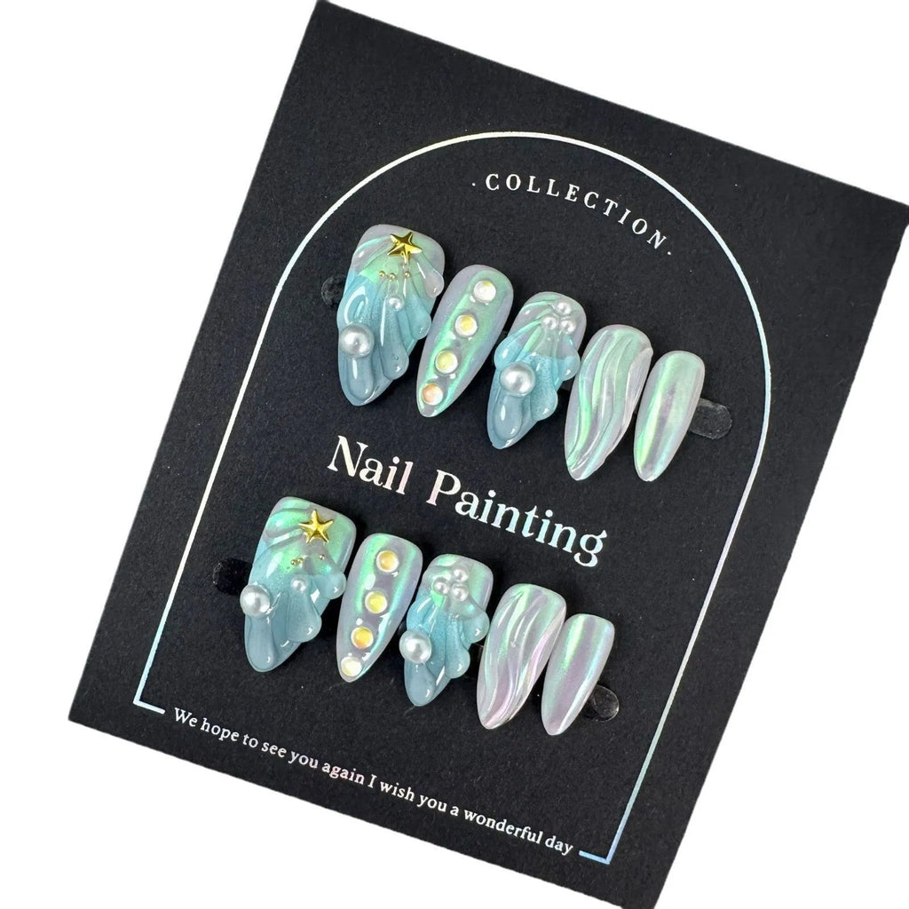 HAILANG blue plastic nail sticker set showing wearable artificial nails in four sizes