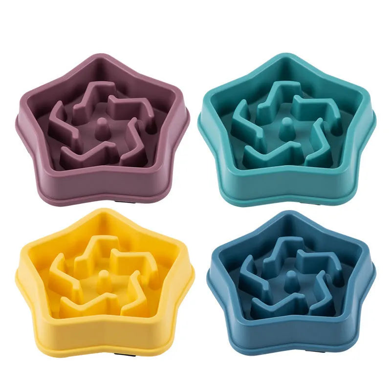 Yellow plastic slow feeding dog bowl with textured bottom pattern measuring 20.1cm diameter