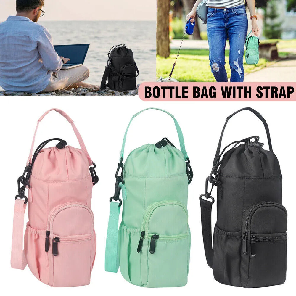 Canvas water bottle pouch with crossbody strap in black, green or pink colours