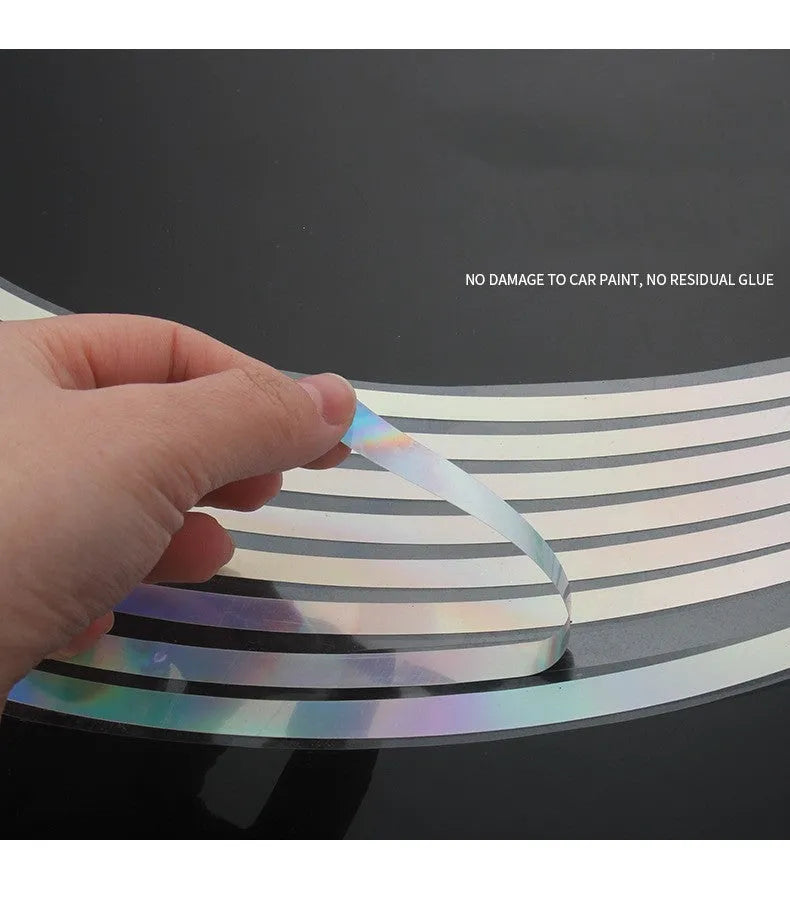 Pack of 16 thin, silver laser-reflective adhesive stickers for motorcycle and car wheel hubs.