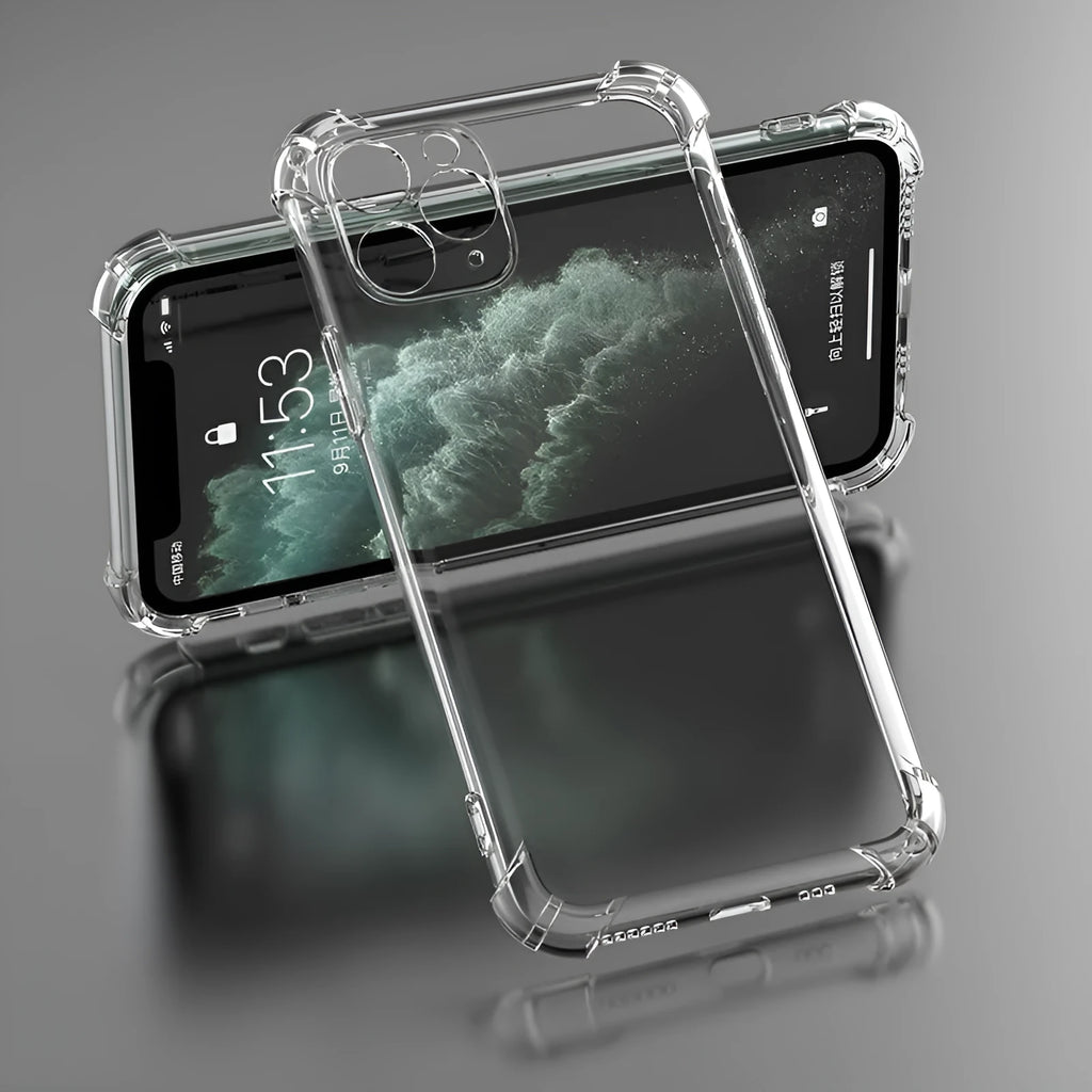 Clear transparent TPU shockproof iPhone case showing compatibility with multiple Apple phone models
