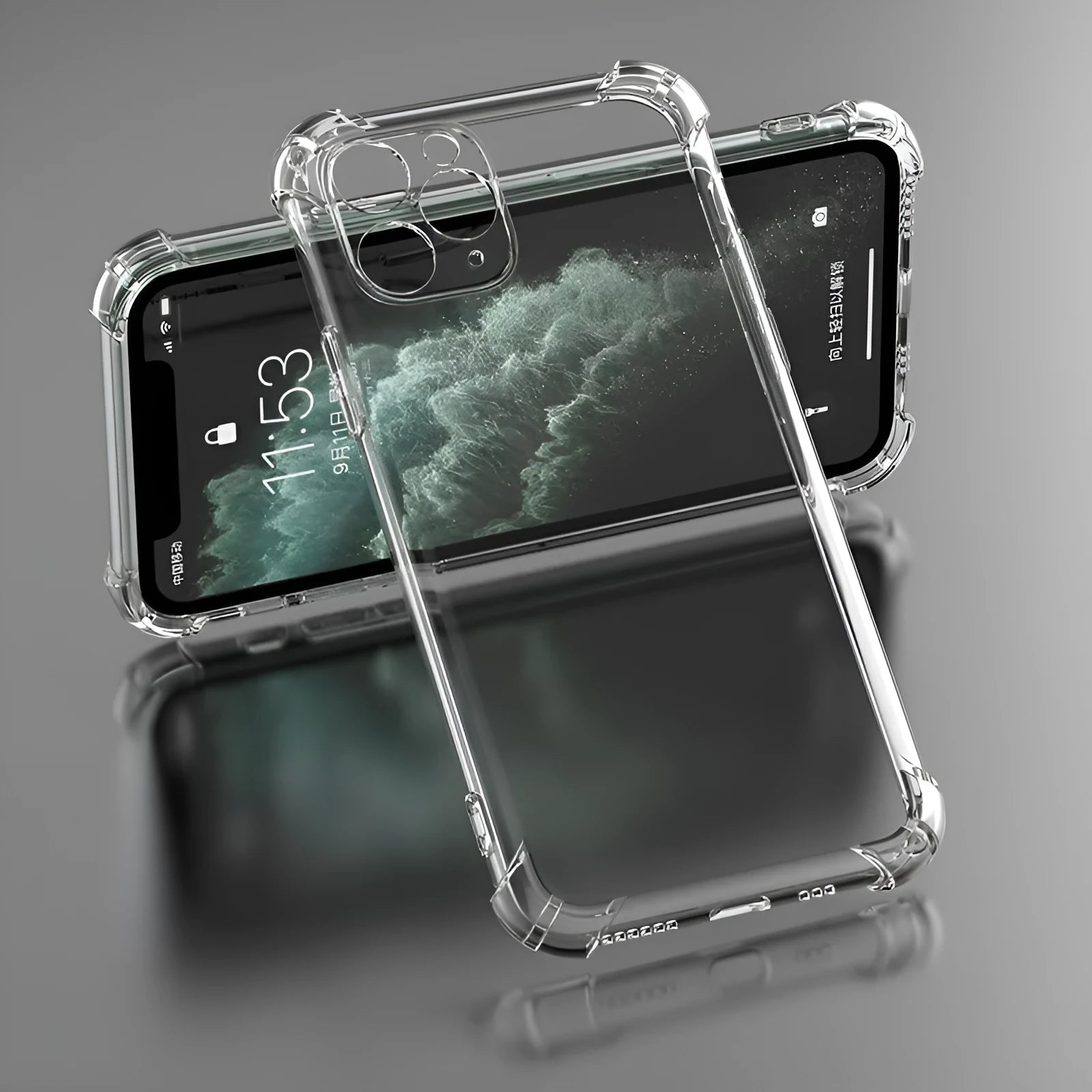 Clear transparent TPU shockproof iPhone case showing compatibility with multiple Apple phone models