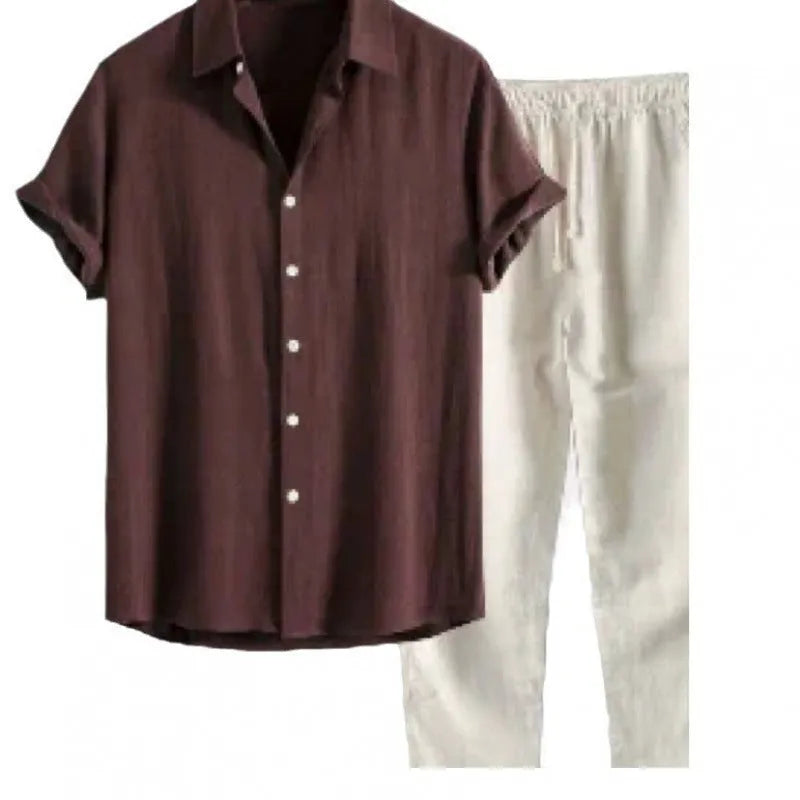 Men's loose fit linen-look casual suit set with short sleeve shirt and trousers