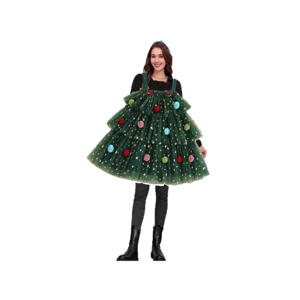 Green mesh women's dress with Christmas tree pattern, polka dot balls, and a multi-layer tiered skirt.