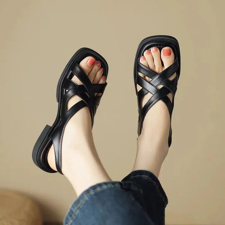 Women's patent leather square toe beach sandals with low heel and rubber soles