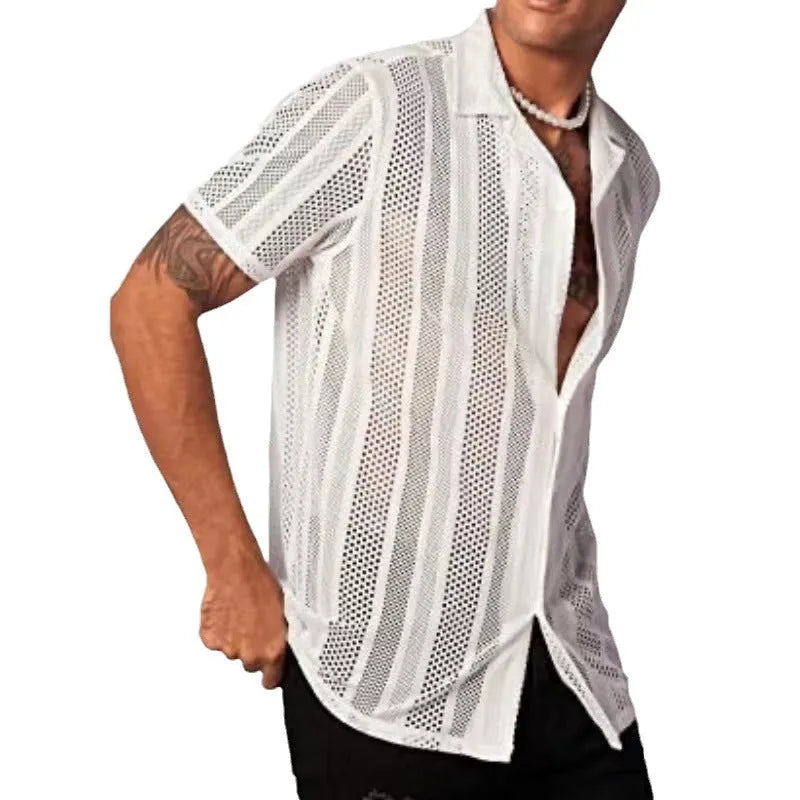 Men's black knitted short-sleeved button-front cardigan shirt with jacquard pattern