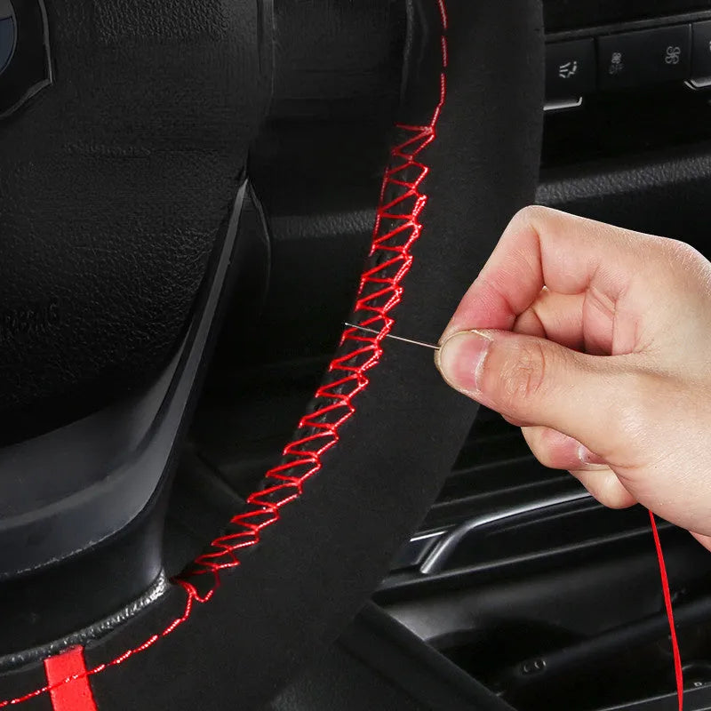 Black wool microfiber steering wheel cover with red accent line on 38cm diameter steering wheel