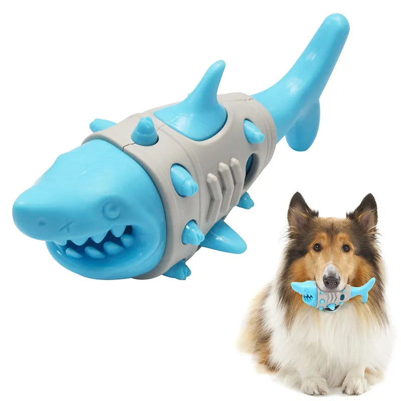 Blue shark-tooth textured dog chew toy for teething puppies on a white background.