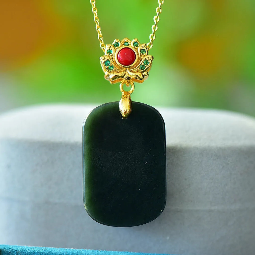 Natural Hetian Jade flat pendant with copper inlay on necklace chain