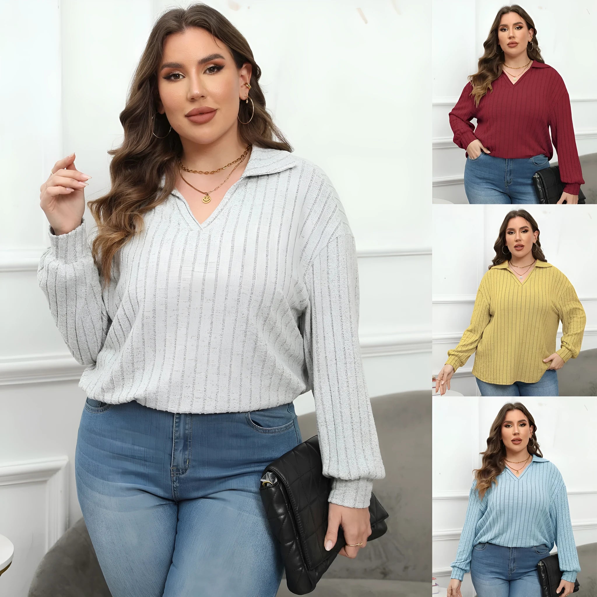 Woman wearing a gray plus size polo collar fleece shirt with lantern sleeves
