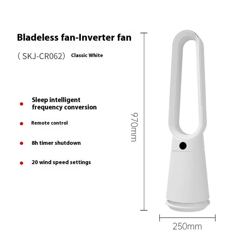White bladeless tower fan with remote control on floor next to desk